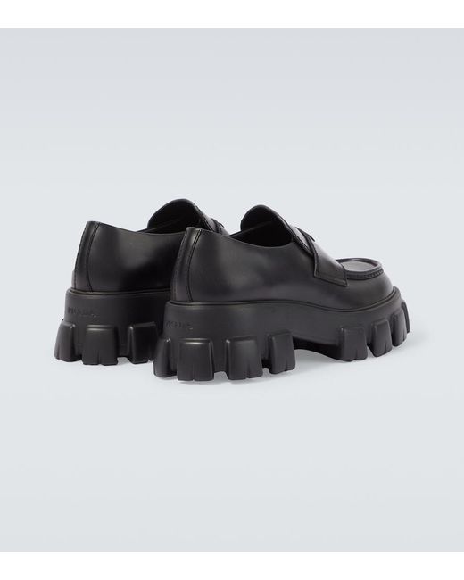 Prada Black Logo Leather Platform Loafers for men