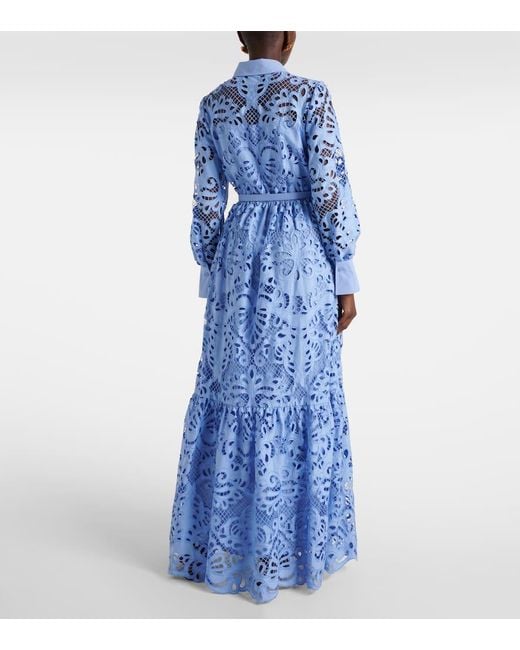 Self-Portrait Belted Cotton Lace Maxi Dress in Blue | Lyst
