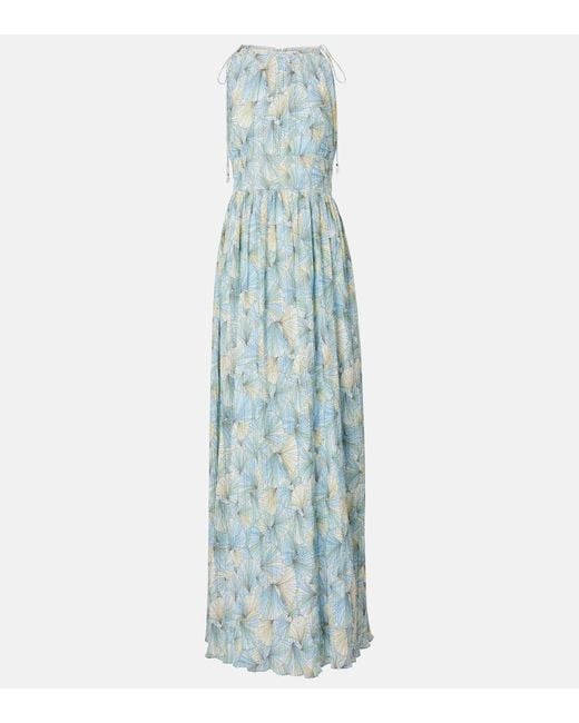 Veronica Beard Blue Yardley Floral Pleated Chiffon Gown
