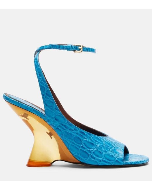 Dries Van Noten Blue Croc-Effect Leather Wedge Sandals