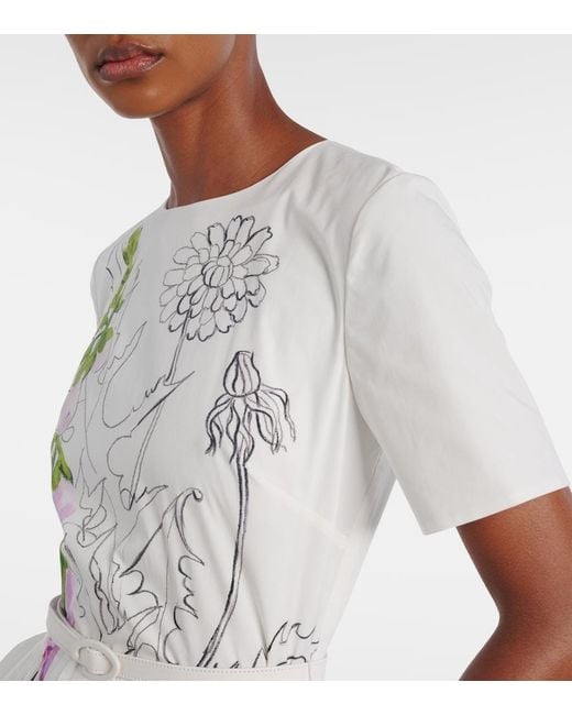 Oscar de la Renta White Belted Floral-Print Cotton-Blend Poplin Midi Dress