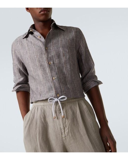 Brunello Cucinelli Gray Pinstripe Linen Shirt for men