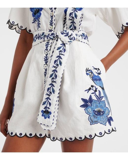 Farm Rio Blue Embroidered Linen-Blend Romper