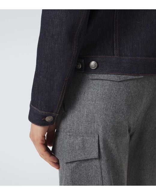 Brunello Cucinelli Blue Leather-Trimmed Denim Jacket for men