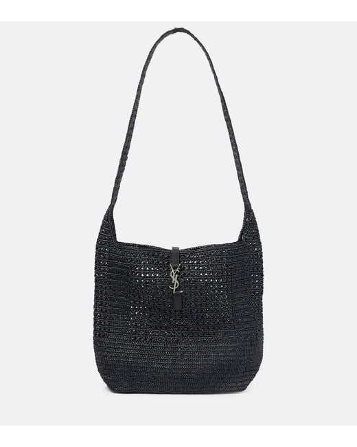 Saint Laurent Black Le 5 A 7 Medium Raffia Shoulder Bag