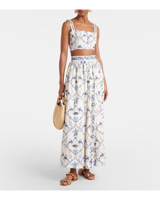 Agua Bendita White Printed High-Rise Linen Maxi Skirt