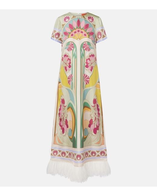 LaDoubleJ White Swing Feather-Trimmed Silk Twill Maxi Dress
