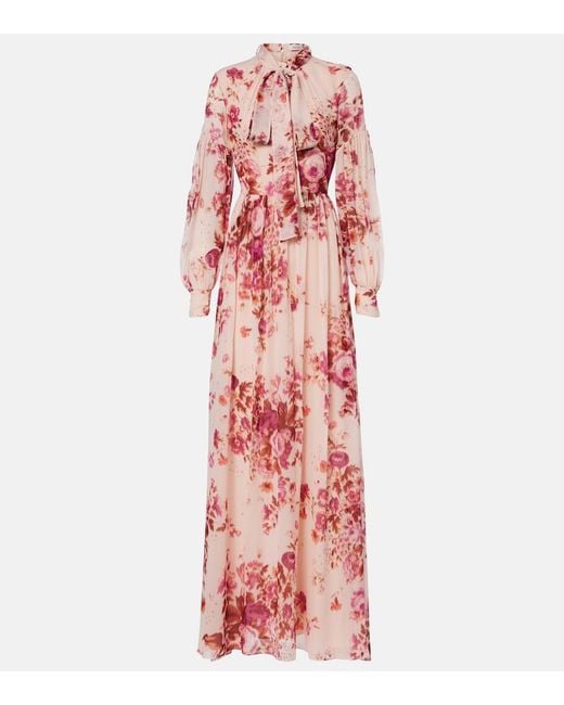 Erdem Red Floral Neck-Tie Silk Voile Gown