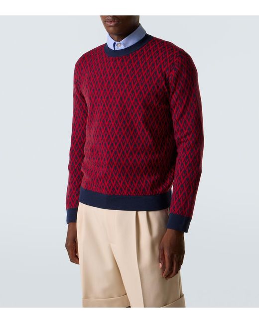 Valentino Red Toute La V Virgin Wool Jacquard Sweater for men