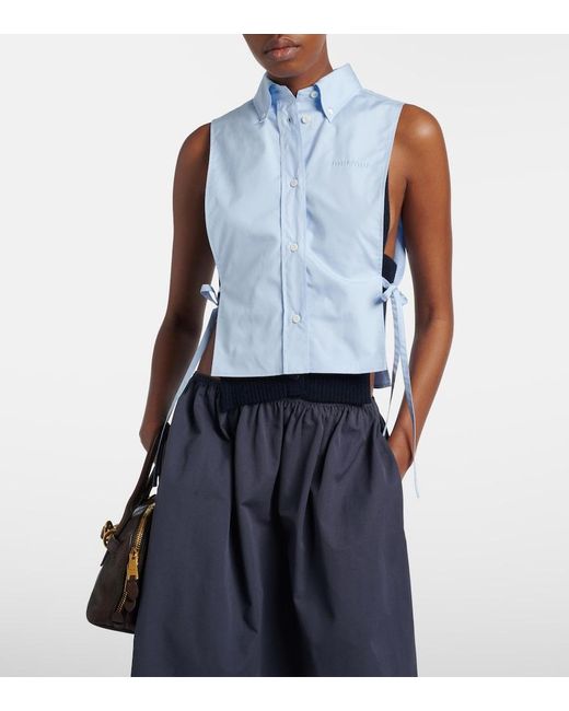 Miu Miu Blue Cutout Cropped Cotton Poplin Shirt