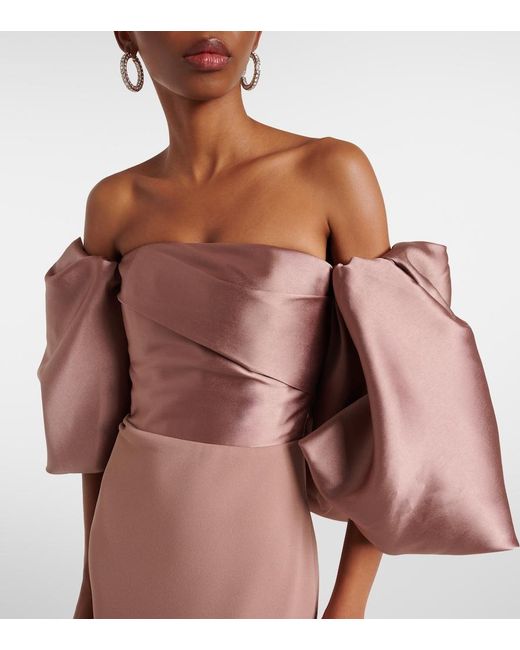 Solace London Pink Floris Satin-Trimmed Off-Shoulder Gown