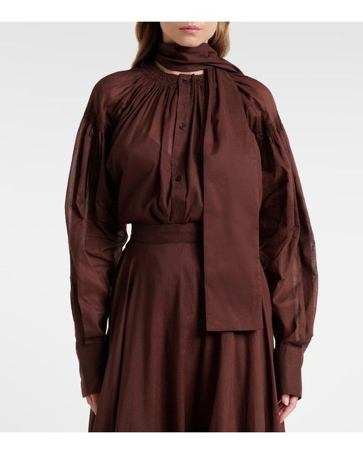 Plan C Brown Tie-Neck Cotton Blouse
