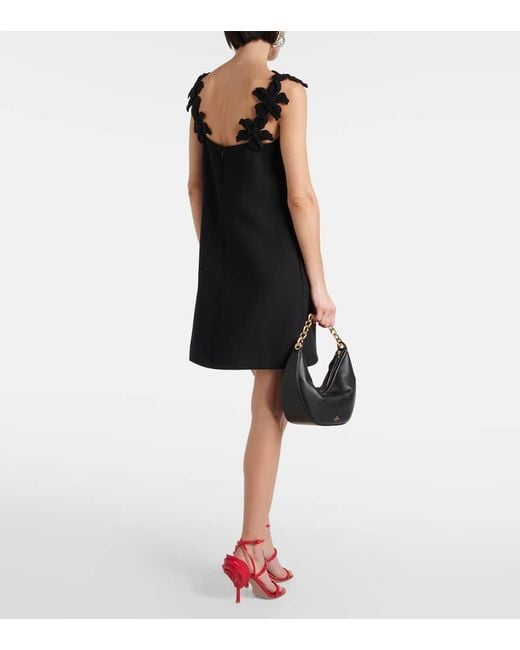 Vestido corto de lana y seda con aplique Valentino de color Black