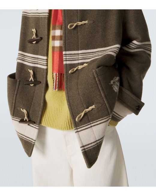 Burberry Green Striped Wool And Cotton-Blend Duffel Coat for men