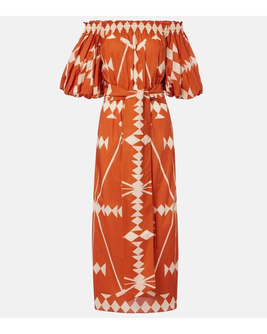 Johanna Ortiz Orange Bedrucktes Midikleid Aus Baumwollpopeline