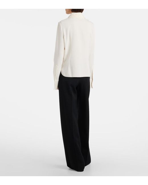 Oscar de la Renta White Lace-Trimmed Silk-Blend Georgette Blouse