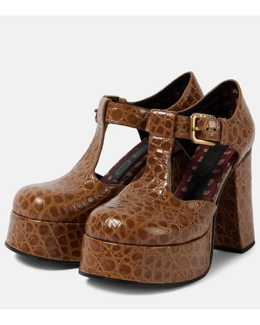 Etro Brown Croc-Effect Leather Mary Jane Pumps