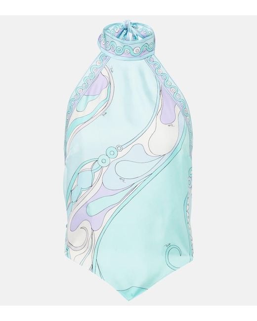Emilio Pucci Blue Orchidee Halterneck Silk Twill Top