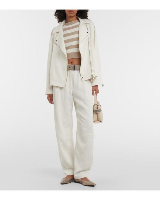 Brunello Cucinelli White Cotton And Linen Biker Jacket
