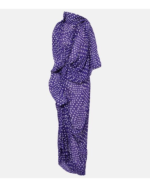Dries Van Noten Purple Draped Polka-Dot Satin Midi Dress