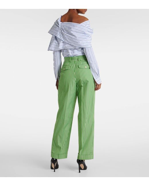 Dries Van Noten Green Striped Cotton Poplin Straight Pants
