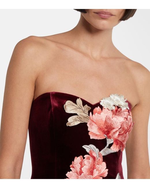 LEO LIN Red Rosario Floral-Applique Velvet Minidress
