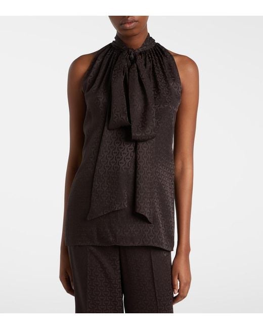 Gucci Black Horsebit Tie-Neck Silk Jacquard Top