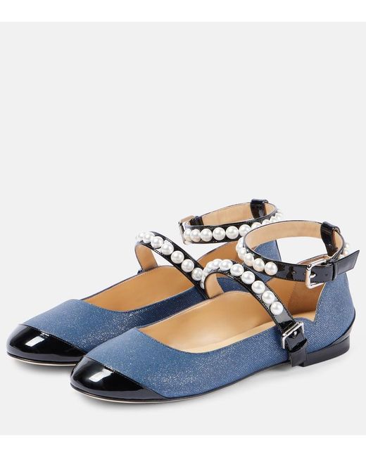 Mach & Mach Blue Embellished Denim Mary Jane Flats