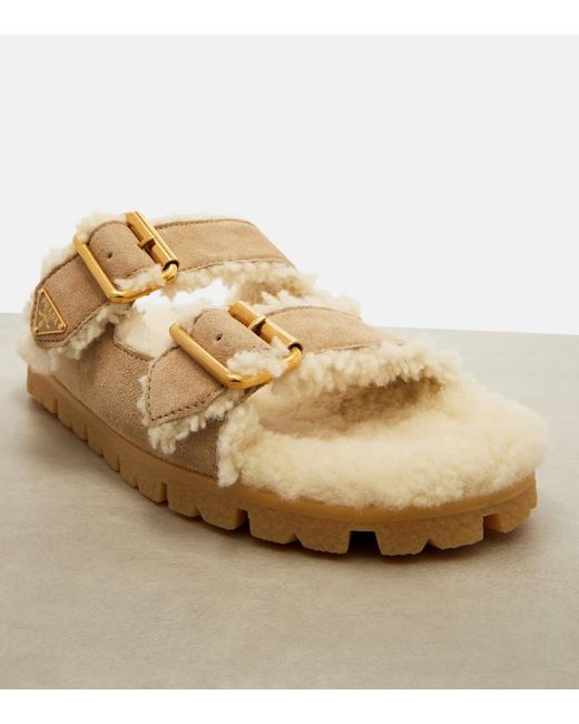 Prada Metallic Shearling-Lined Suede Sandals