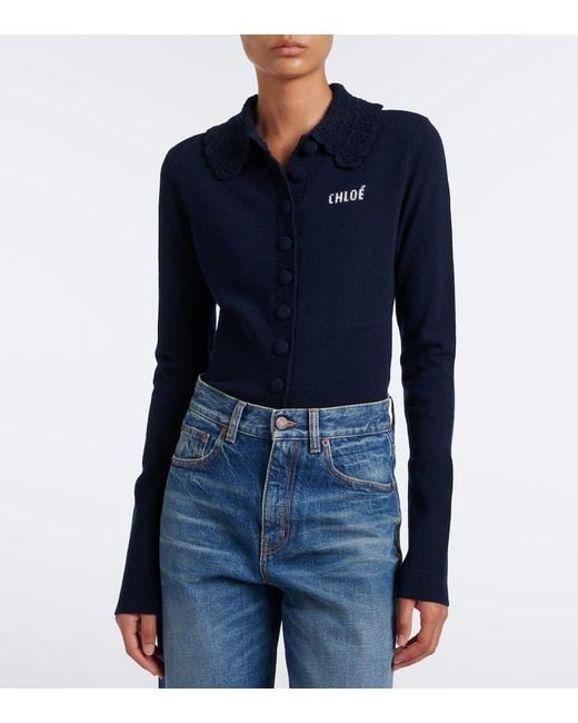 Chloé Blue Logo Wool Cardigan