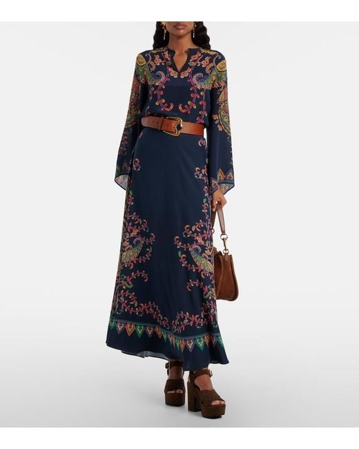 Etro Blue Paisley Printed Silk Maxi Skirt