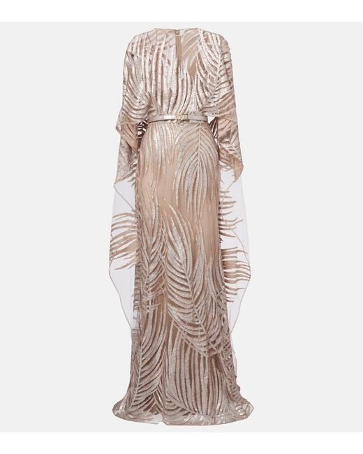 Elie Saab Natural Embroidered Sheer Tulle Gown