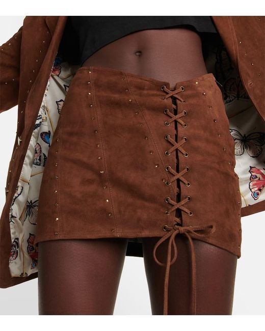 Alessandra Rich Brown Crystal-Embellished Suede Miniskirt