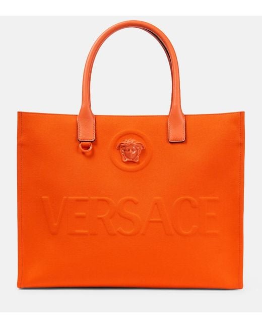 Versace Orange La Medusa Canvas Tote Bag
