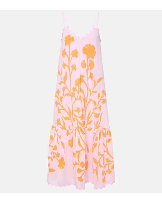 Juliet Dunn Orange Floral Tiered Cotton Midi Dress