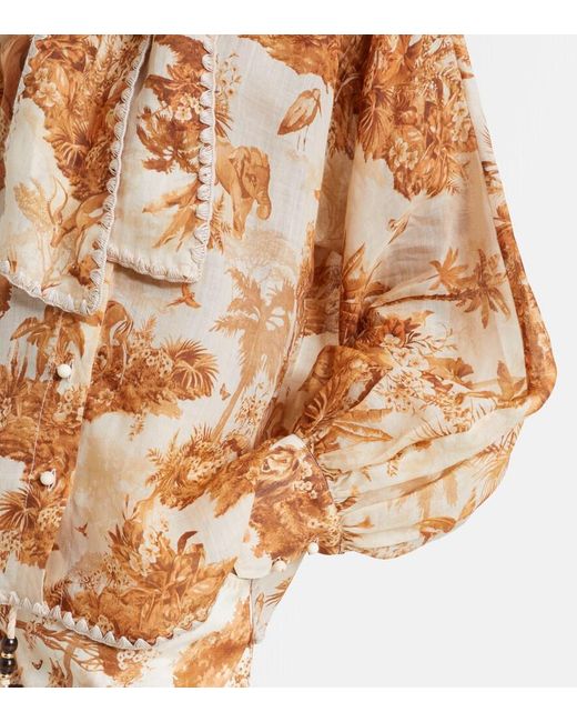Zimmermann Brown Indra Printed Tie-Neck Ramie Blouse