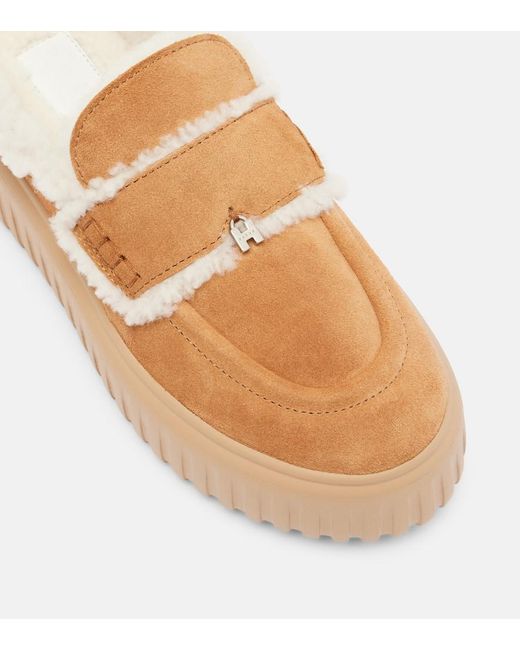 Hogan Brown Shearling-Trimmed Suede Slippers