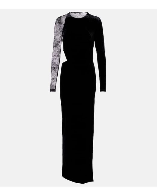 Robe Longue En Velours À Finitions En Dentelle Self-Portrait en coloris Black