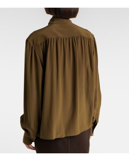 Saint Laurent Green Tie-Neck Silk Crepe De Chine Blouse