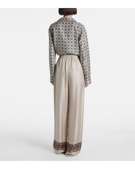 Loro Piana Gray Valerio Printed Silk Twill Wide-Leg Pants
