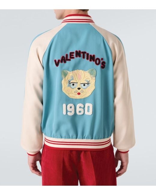 Valentino Blue Logo Virgin Wool Varsity Jacket for men