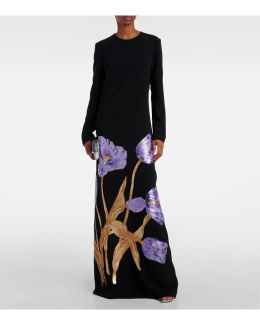 Costarellos Black Floral Embellished Crepe Gown