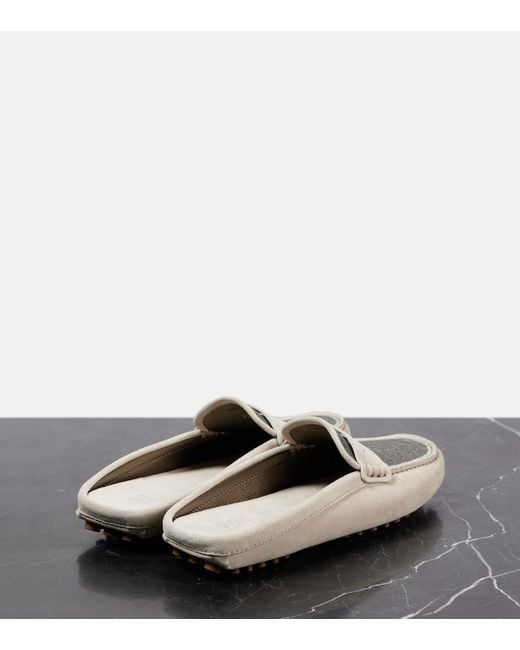Brunello Cucinelli White Monili Suede Driving Mules