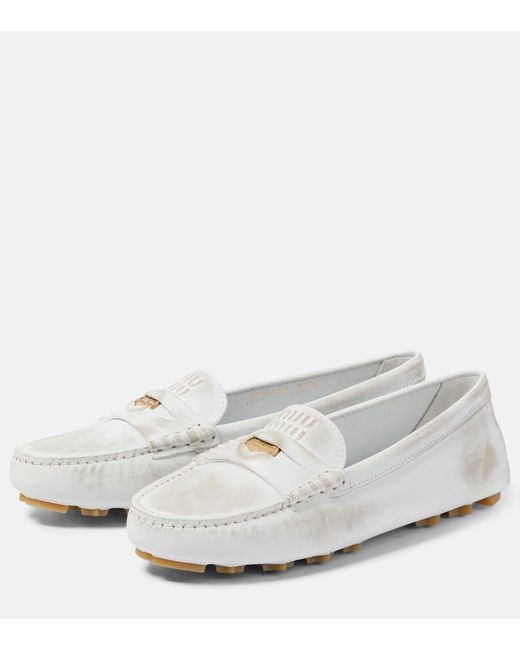 Miu Miu White Distressed Suede Penny Loafers