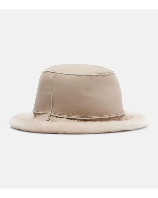 Brunello Cucinelli Natural Shearling-Trimmed Leather Boater Hat