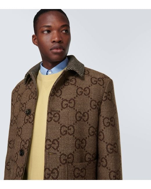 Gucci Brown Maxi GG Wool Jacquard Coat for men
