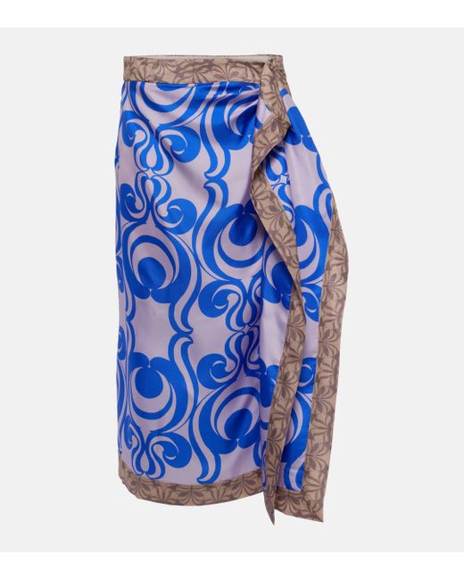 Dries Van Noten Blue Printed Silk Twill Wrap Skirt