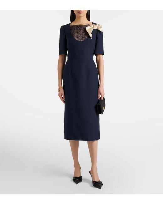 Valentino Blue Crepe Couture Bow-Detail Lace-Trimmed Midi Dress