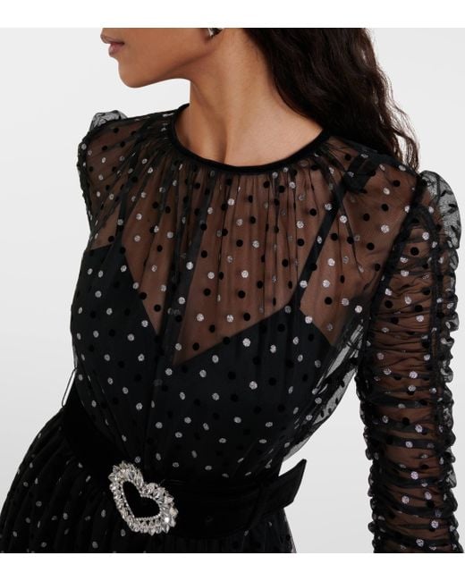 Rebecca Vallance Black Whitney Belted Metallic Polka-dot Flocked Tulle Dress