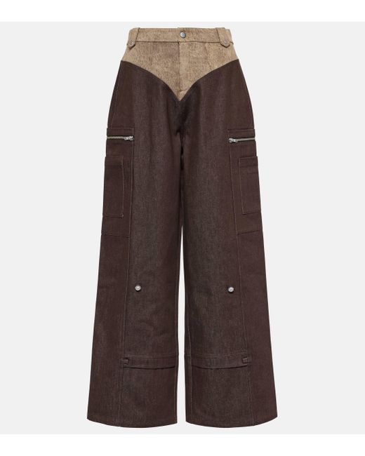 DIDU Brown High-rise Wide-leg Cotton Cargo Pants